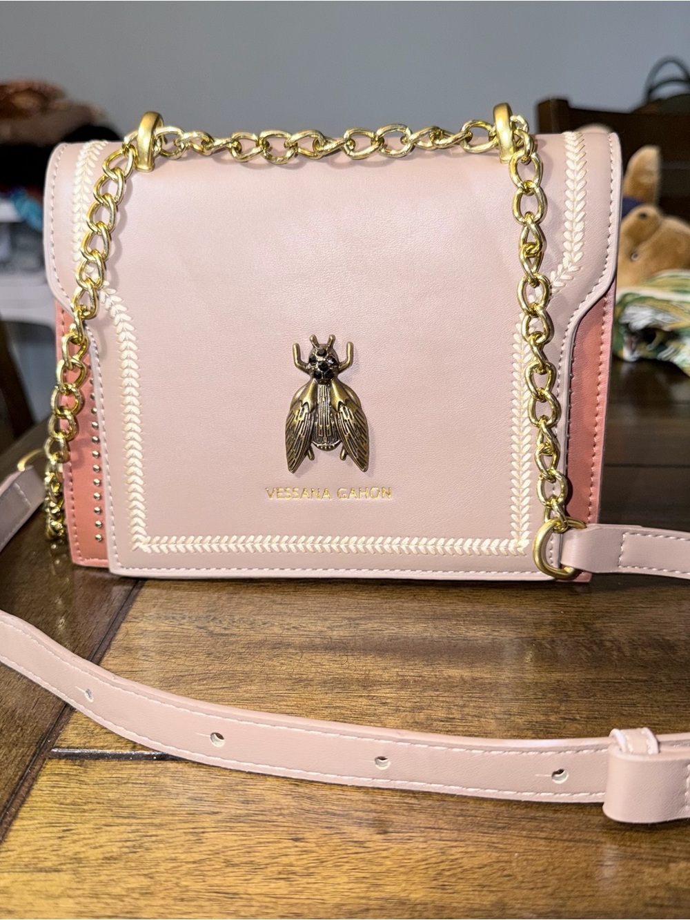 Vessana Gahon Blush Pink Leather Chain Crossbody Bag
